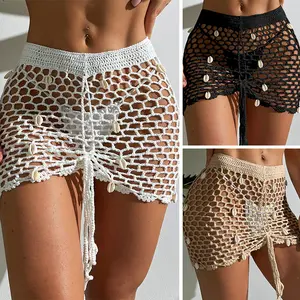 2-Piece Fashion Beach Bikini Set with Acrylic Hand-Crocheted Side Drawstring Straps, Hollow Shell Pendant, and Matching Short Skirt