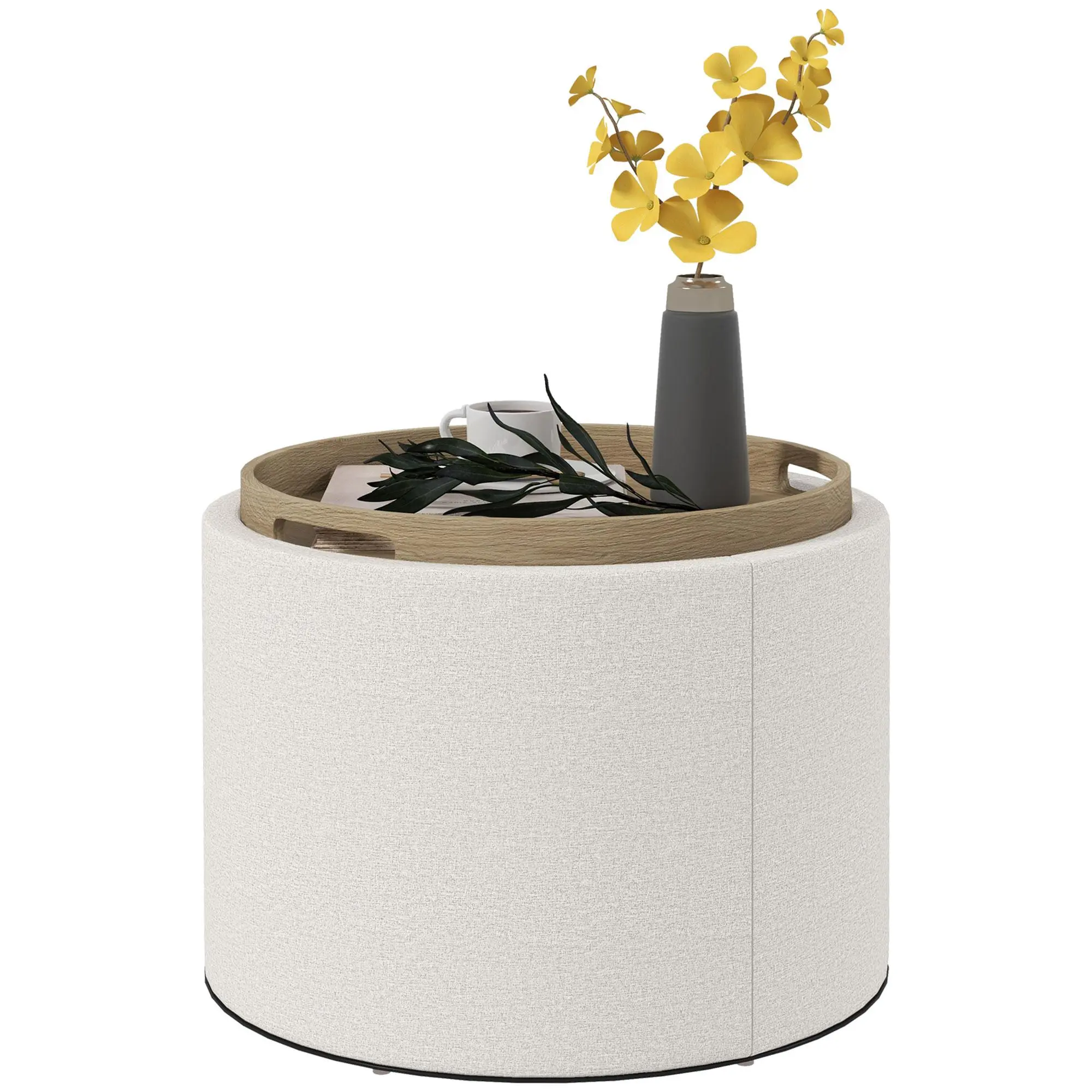 HOMCOM Round Storage Ottoman with Flip Top Tray, Upholstered Fabric Foot Stool, Small Coffee Table with Hidden Compartment, Accent Vanity Stool for Living Room, Light Gray