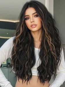 28 Inch Ombre Wave Curly Long Hair Wig, Full Head Rose Net, Color Block Design, Natural Smooth, Daily Wear, Deep Wavy Wigs