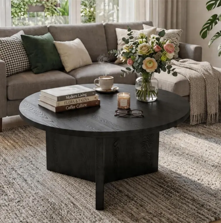 Modern Minimalist Black Wood Round Coffee Table - 27.6in Diameter, Scratch-Resistant Family Friendly Accent Piece for Living Room Tables, House & Apartment Decor, Small Spaces, Modern Center Table, Foyer Accent Table