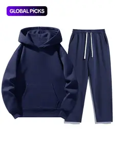 Men's Solid color Two-Piece Sweatsuit Set, Fitted Casual Hoodie & Drawstring Pants, Thick Fabric for Fall Winter, Daily Wear Essentials