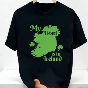 Men's Short-Sleeve Round Neck Fitted Graphic T-Shirt - All-Season Casual Irish Love Tee, St. Patrick’s Day Menswear with Bold White Text, Island Map Print, Machine Washable Streetwear Gift, Vintage Metalcore Top, Shortsleeve