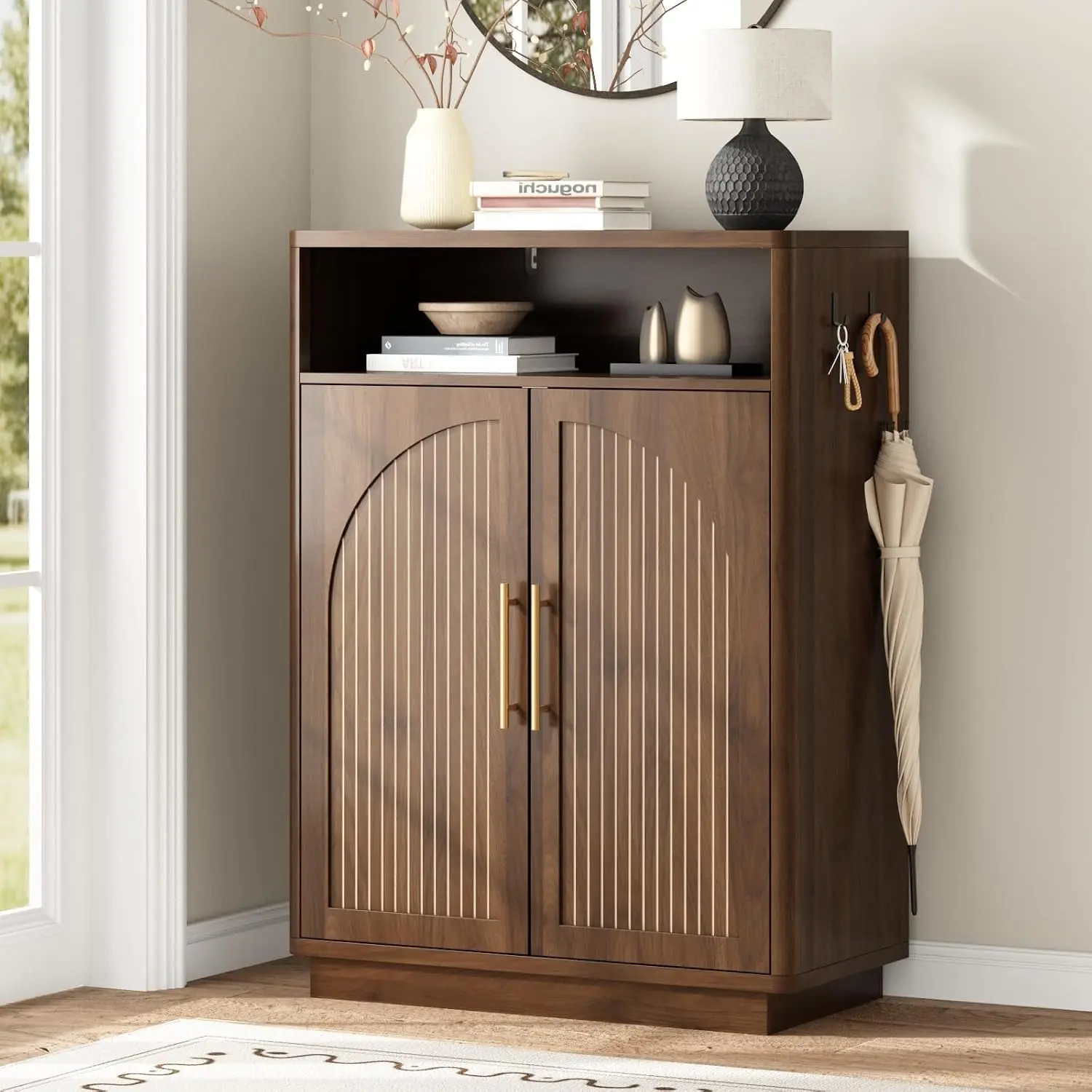 Fluted Shoe Storage Cabinet with 2 Arch Doors, 43" Tall Wood Cabinet | 6-Tier Large Shoe Rack with Adjustable Shelves, Mid Century Modern Hidden Shoes Organizer for Hallway, Entryway, Fits Size 13