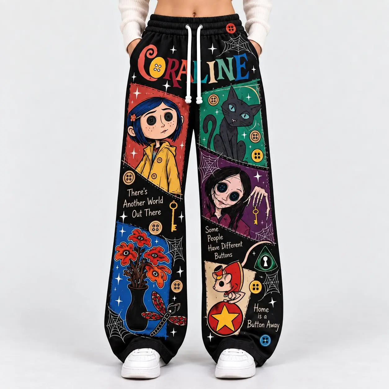 Coraline Inspired Wide Leg Pants, Gothic Patchwork Joggers, Button Eye Graphic Sweatpants, Spooky Halloween Pants, Movie Fan Gift