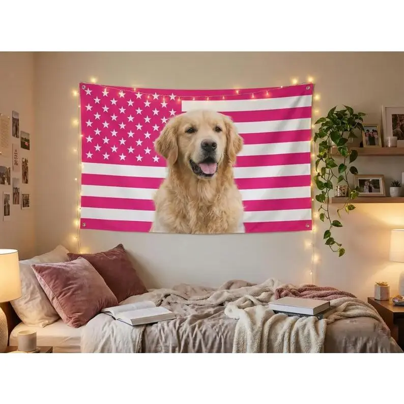 Custom Photo Pink American Flag Tapestry - Personalized Face Backdrop, 3x5 ft Home Decor Wall Art, Chic Home Inspo Indoors Gift for Bachelorette Party, Sorority Dorm Room Decor