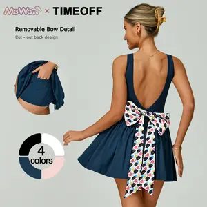 TimeOFF x MeWan Women's Deep V-Back Jumpsuit , Detachable Bow, 2-in-1 , Smocked Waist, Princess Seam , Yoga 、Gym Womenswear Sleeveless Stretchable Activewear Stylish Activewear Workout Apparel jumpsuit