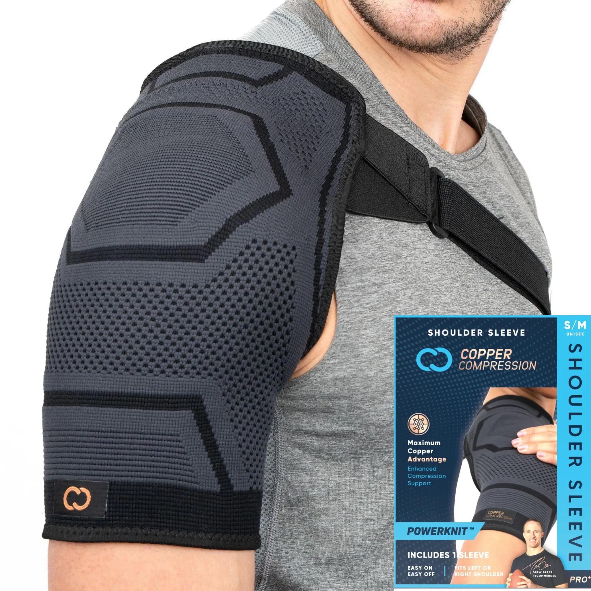 Copper Compression PowerKnit Shoulder Brace | Adjustable Strap Support for Men & Women | Black