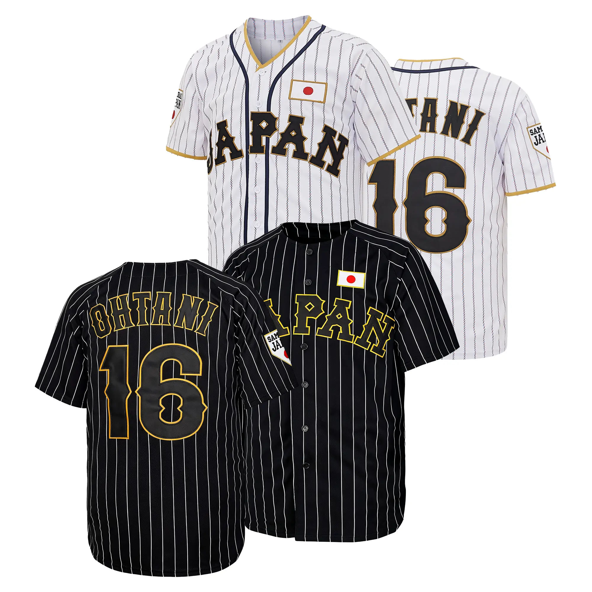 Men’s #16 Japan Samurai White Striped、Black Striped Baseball Jersey, Letter Embroidery Competition Training Baseball Apparel, Fan Gif