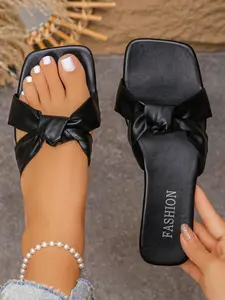 Women's White Square Toe Slide Sandals with Knotted Bow Decor #WomenSandals #KnotBowSlides #SquareToeSlides #WhiteSlides #SummerSlides