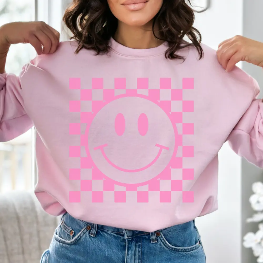 Pink Smiley Face Gildan Sweatshirt Checkerboard Graphic Pullover Retro Happy Face Cozy Womenswear