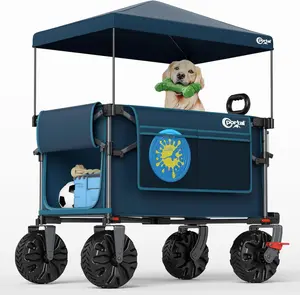 350L Collapsible Wagon Cart with Removable Canopy, 270LB Folding Utility Cart with Rear Door for Pet, Camping, Beach, and Outdoor Adventures