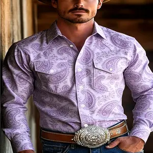 Men'S Western-Style Casual Long-Sleeve Shirt with Double-Pocket Design, Light Purple Background And Artistic Paisley Pattern, Suitable for All Seasons Comfortable, Ideal for Everyday