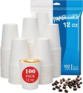 cups 100 Count 12 oz Paper Cups, Hot Paper Coffee Cups 12 oz, Leak-Proof Disposable Coffee Cups, White Paper Cups for Cold and Hot Drinks Pack Thick