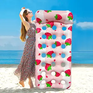 Heart Strawberry Hole Inflatable Float Summer Pool Entertainment Single Person Thick PVC Water Bed, Fun Swim Party Accessory