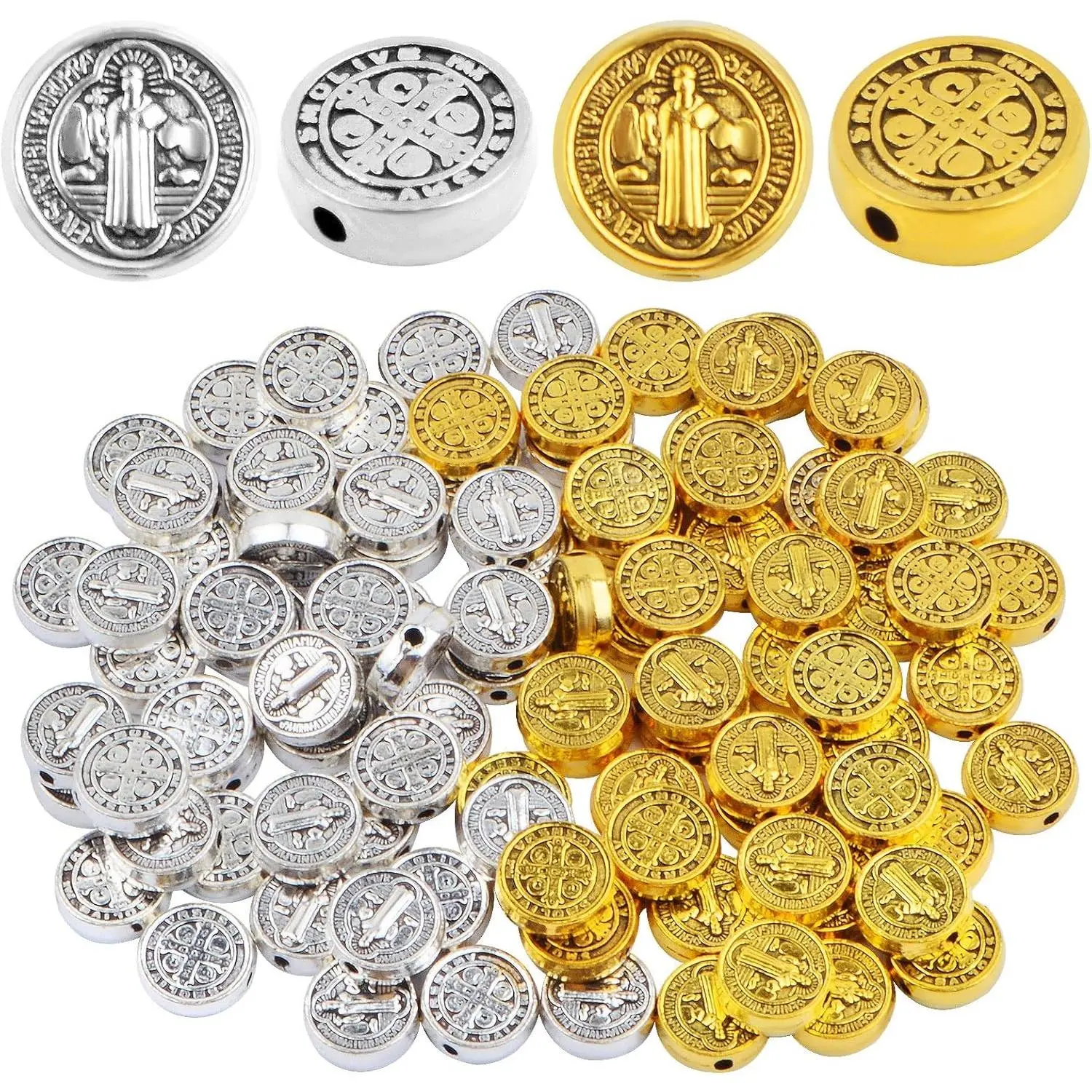 JMKTOOL 100pcs 9.5 mm Round Double-Sided Jesus Cross Spacer Beads Catholic Saint Benedict Beads Religious Loose Beads for DIY Rosary Bracelet Necklace Jewelry Making, 2 Colors