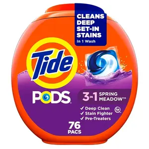 Tide PODS Liquid Laundry Detergent Soap Pacs, HE Compatible, Powerful 3-in-1 Clean in one Step, Built in Stain Removers, Spring Meadow Scent, 76 Count