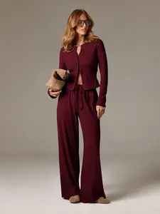 Spring Fall Women's Plain Round Neck Long Sleeve Set, Slim Fit Top & Pants, Casual Two-Piece, Comfortable Daily Wear