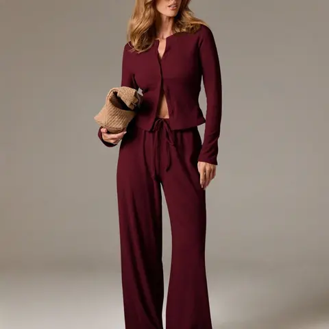 Spring Fall Women's Plain Round Neck Long Sleeve Top & Wide Leg Pants Set, Casual Minimalist Aesthetic Two-Piece Outfit for Daily Wear