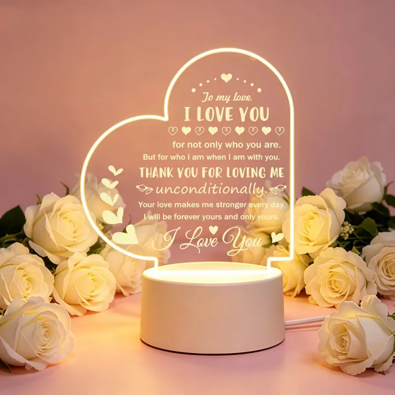 Acrylic Heart-Shaped LED Desk Lamp - Romantic Design, Engraved Heart Pattern & Love Quote, Soft Inviting Glow, Mood-Enhancing Reading Night Light, Birthday Gifts for Lovers for Romantic Setting