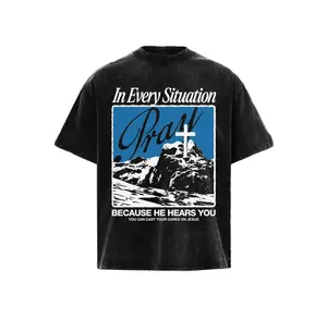 Christian Streetwear Vintage Graphic Pump Cover Oversized T-Shirt, Crewneck Design with In Every Situation Pray Religious Faith Apparel for Men and Women, Trendy Acid Wash Aesthetic