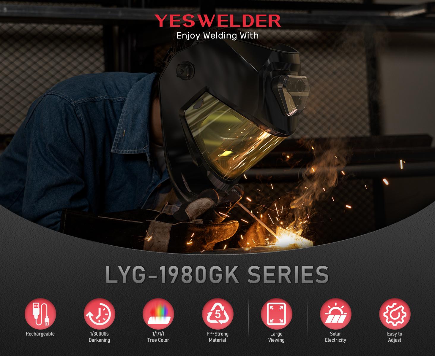 YESWELDER LYG-1980GK Panoramic True Color Auto Darkened Welding Helmet | 6 Sensors, Side Lens DIN5 & USB-C Charging | Wide Shade 5-9/9-13 Hood for MIG TIG Arc Grinding