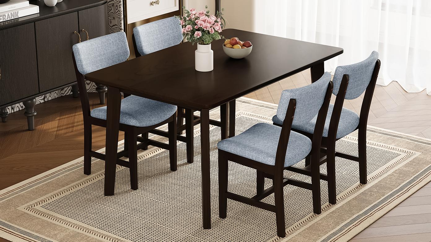 Rustic 5-Piece Dining Table Set 1 Solid Wood Table with 4 Upholstered Chairs, Farmhouse-Style Dining Furniture for Kitchen & Dining Room, Minimalist Dining Set for 4