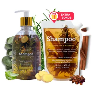 [2 Pack Viral Bundle] Herbalista Herbal Shampoo 500ml (16.9 fl oz) + Travel Size Pouch 400ml - With Real Pieces of Rosemary, Cinnamon, Anise, Clove, Aloe, Ginger, & Eucalyptus - Fortalece, Regenera, Acelera Crecimiento – 100% Natural & Handcrafted