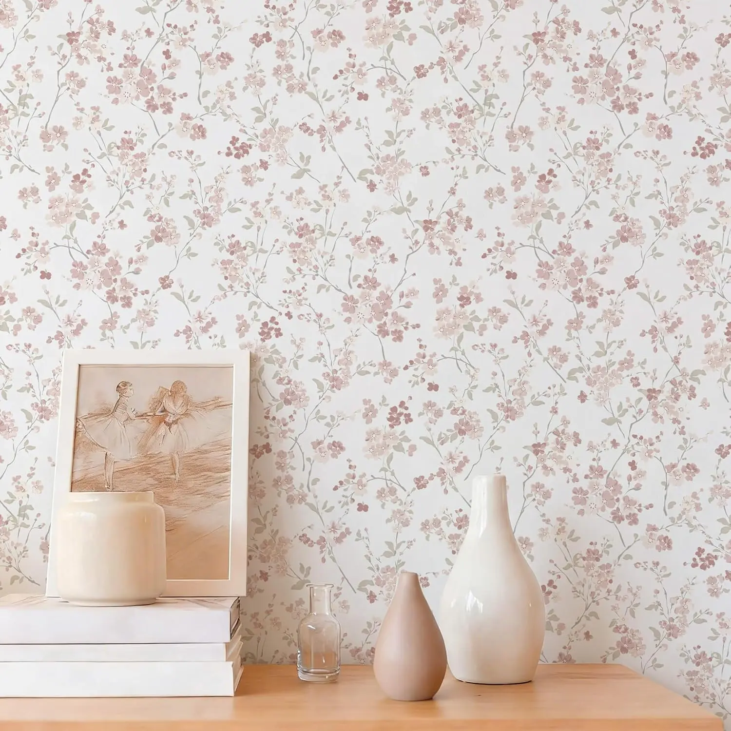 Vintage Pink Floral Peel-and-Stick Wallpaper (1.44' x 32'), Watercolor Look Cherry Blossom Contact Paper for Nursery Decor, Bedrooms, French Countryside Home Decor; Flower Shop Wall Accent, Flower Shops