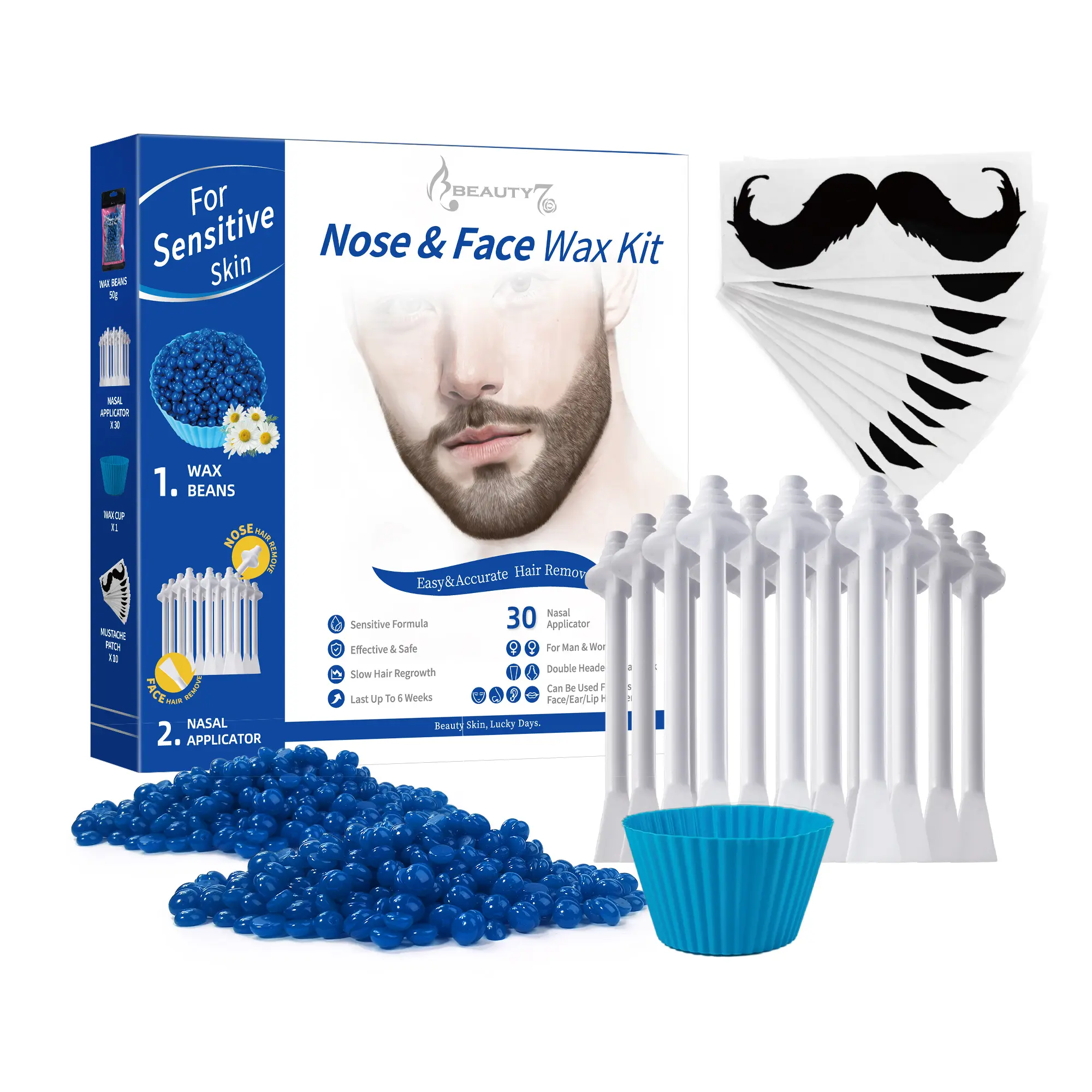 Beauty7 Nose Waxing Kit for Men - Complete At-Home Waxing Set for Body Care with Microwave Melt Mustache Wax Beads & Applicators, Gentle, Beauty Products, Hair Wax