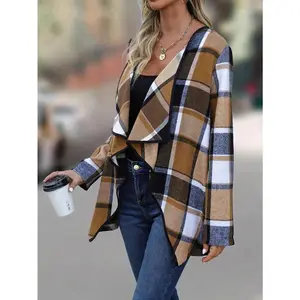Women's Plaid Trench Coat Autumn Long Sleeve Fashion SF90 Fabric Fit Casual Chic Polyester Tops Outerwear Gingham Pattern Deep V Neck Regular Fit
