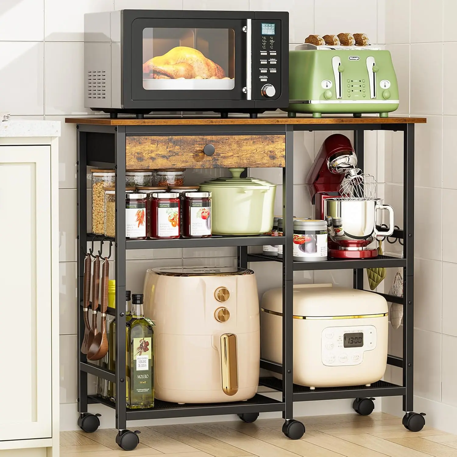 Rustic 6-Tier Baker's Rack, Metal Microwave Stand with Wheels, Rolling Storage Cart with Adjustable Shelves for Kitchen, Living Room, Storage Organizer, Coffee Bar, Kitchen Island, Rustic Brown Style