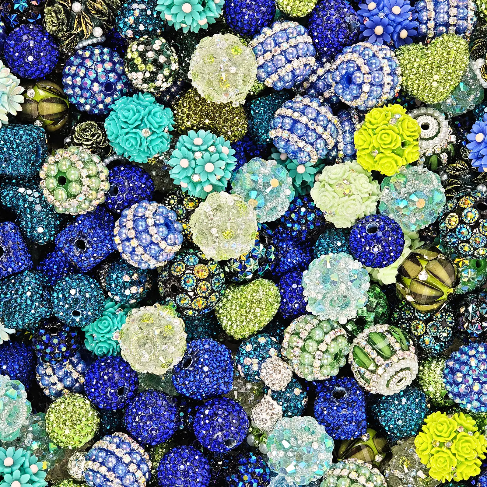 10Pcs Blue-Green Rhinestone Rose Heart Resin Large Hole fancy Beads, DIY Jewelry Making Crafting Accessories, Ideal for Holiday Handcraft Projects