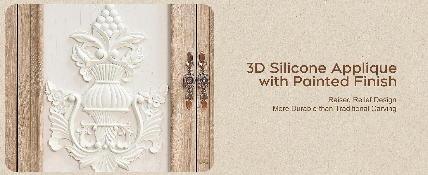 Yechen 63" Vintage Farmhouse Sideboard Buffet Cabinet with 3D Decorative Doors | Light Oak Wood Credenza with Sturdy Frame & Antique Handles | for Living Room, Kitchen, Entryway