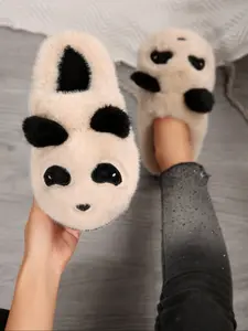 Panda Plush Slippers, Heart-Shaped Mouth Design, Warm Soft Anti-Slip Quiet Couple Slippers, Fall Winter Home Wear