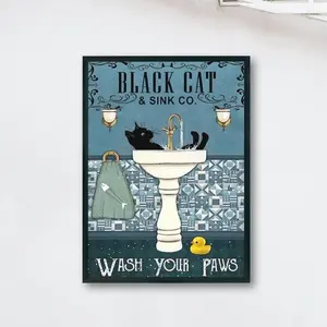 Black Cat Wash Your Paws Poster, Cute Bathroom Poster, Wash Room Childrens Washing Up Posters, Unique Cats Art, Poster Prints No Framed, Gifts For Cat Lovers