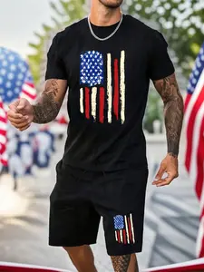 Men's American Flag Print Short Sleeve Tee & Shorts Set, Regular Fit Casual Round Neck T-shirt & Shorts, Men's Summer Clothes for Daily Wear