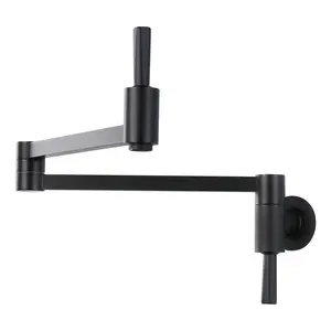 WOWOW Solid Brass Single-Hole Wall-Mount Matte Black Drip-Free Double-Handle Kitchen Pot Filler Faucet, 360-Degree Rotatable Dual-Joint Swing Arm with Faucet Aerator for Over Stove Use