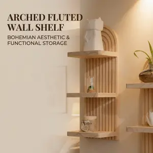 Arched Fluted Wooden Wall Shelf, Bohemian 3-Tier Floating Storage Rack, Natural Wood Decorative Wall Organizer for Living Room, Bedroom and Kids Room