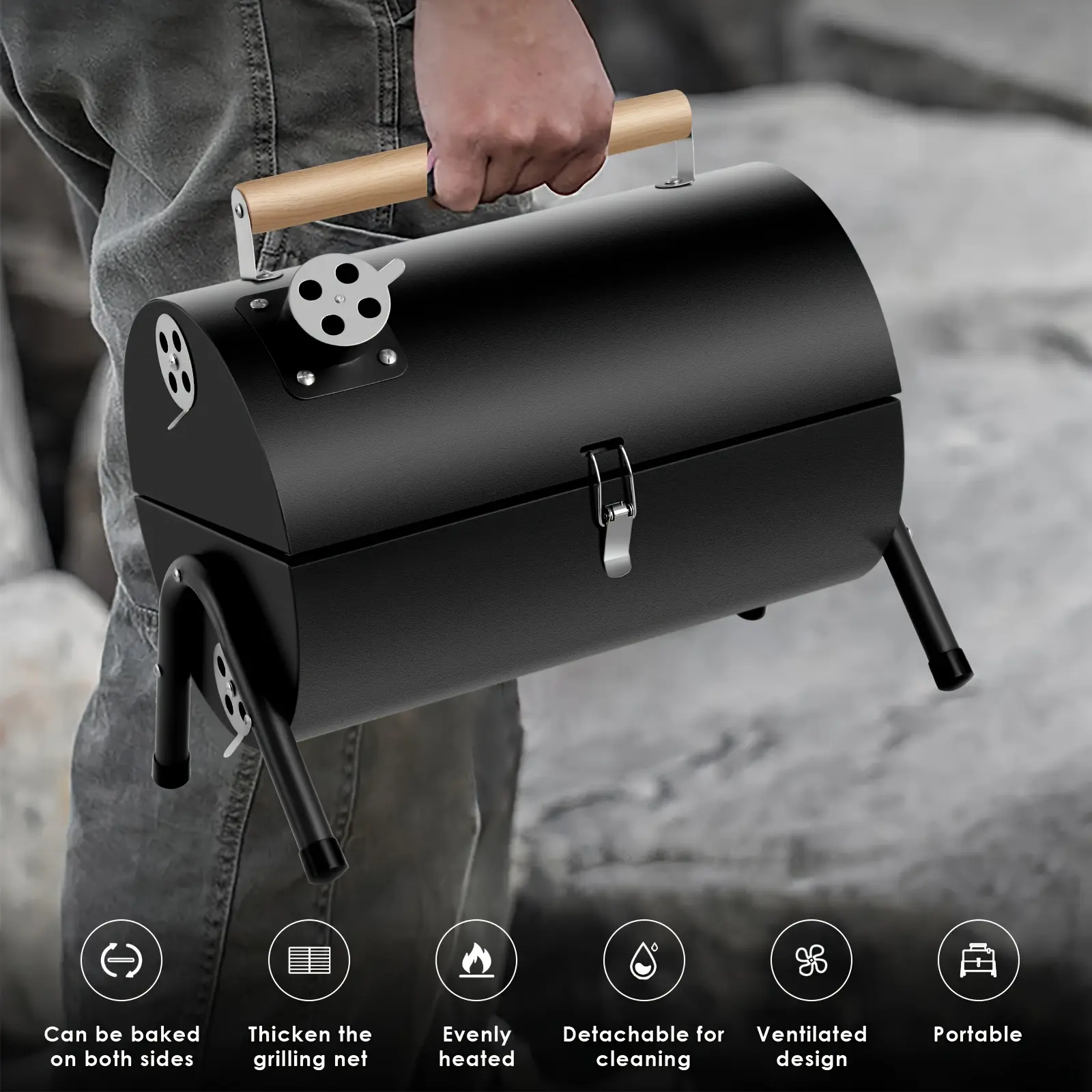 Compact Portable Charcoal Grill Barrel - Dual-Sided Foldable Design, Ideal for Outdoor Cooking & Camping, Black Stainless Steel Smoker with Wooden Handles, Perfect for Grilling Shrimp, Meat & Vegetables, Outdoor Cooking Grill | Barrelshaped Grill | Easy