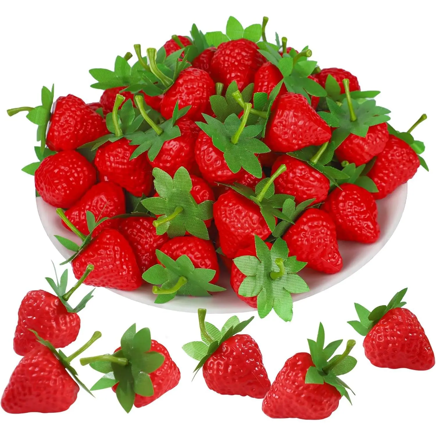 50 PCS Realistic Artificial Red Plastic Strawberries, Lifelike Fruit Decor for Home Kitchen, Festival Party, Photography & Cake Decoration