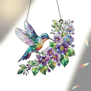 Hologram Hummingbird Suncatcher: Violet Floral Acrylic Window Hanging