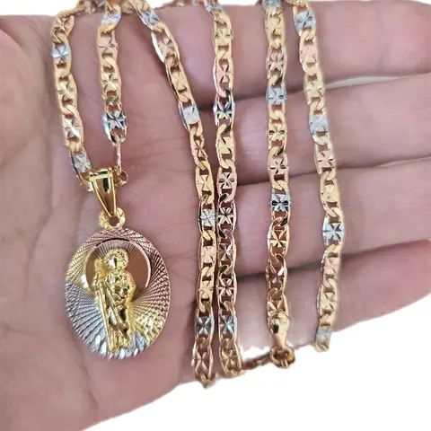 Neacklace San Judas Tadeo Tricolor Jewelry Theme Religious Gold and Silver Design Religious Necklace Set