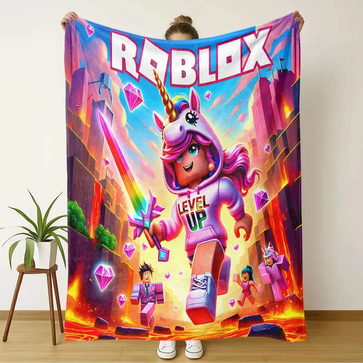 Soft Comfortable Personalized Roblox Theme Flannel Cozy Blanket, Multifunctional Blanket, Perfect for Naptime Office Camping Home Decor Skin-Friendly Multi-Purpose Shawl Throw, Soft Blankets, Comfy Blankets