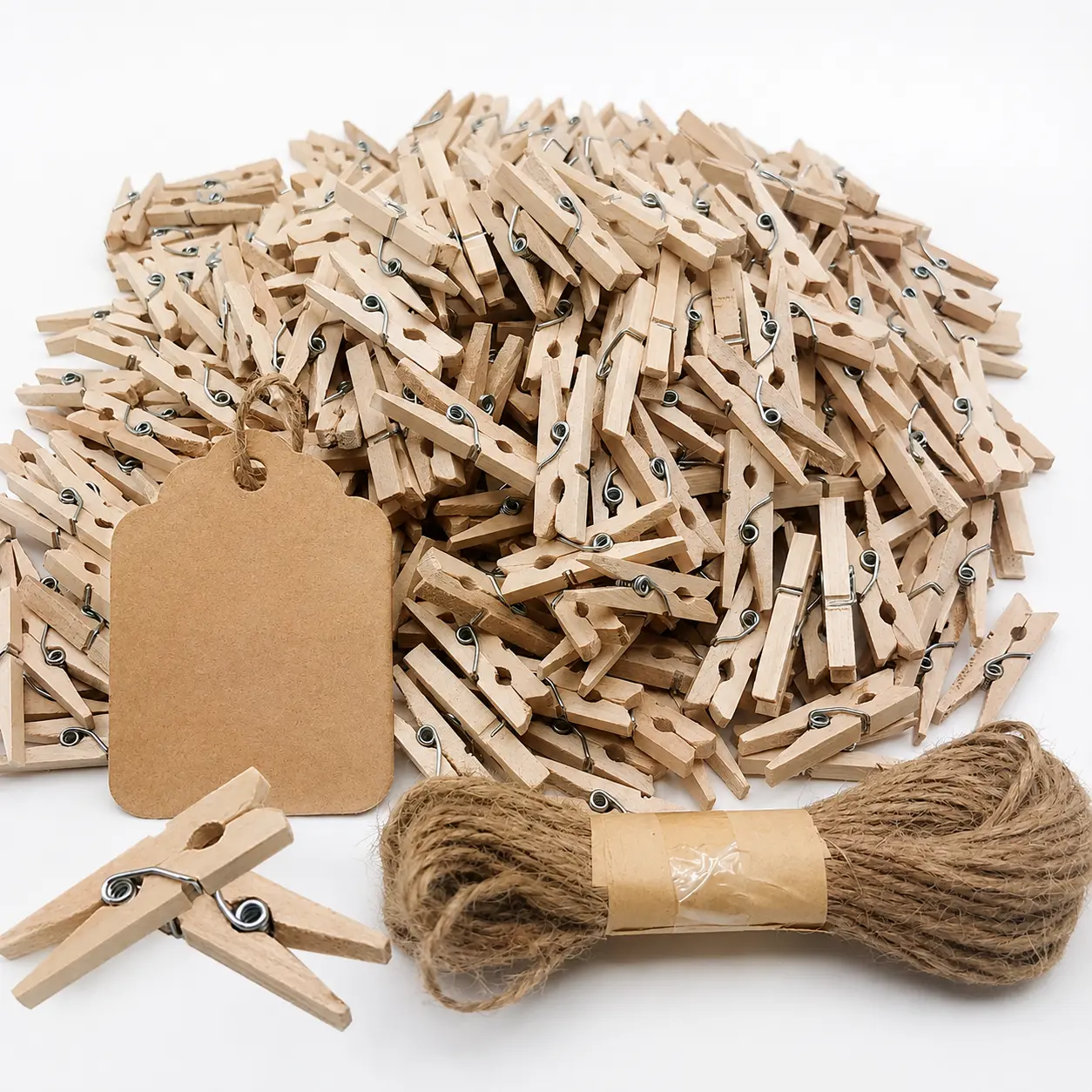 Mini Clothes Pins, 260 PCS Small Wooden Clothes Pin with Jute Twine, Clothespins, Clothes Pins for Photos Crafts DIY Project