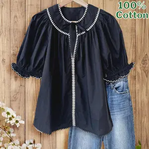 SageVell 100% Cotton Navy Blue Embroidered Blouse with Round Collar & Ruffled Sleeve Tops, Womenswear Casual Style Shirt Fabric Medium Shortsleeve Fitted Crewneck