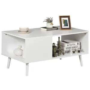 SEGAWE Wood Frame Mid Century Coffee Table with Open Storage Shelf Living Room TV Table, White