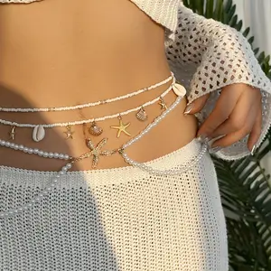 Summer new style pearl disc starfish conch bead waist chain shell chain tassel full diamond spliced waist chain