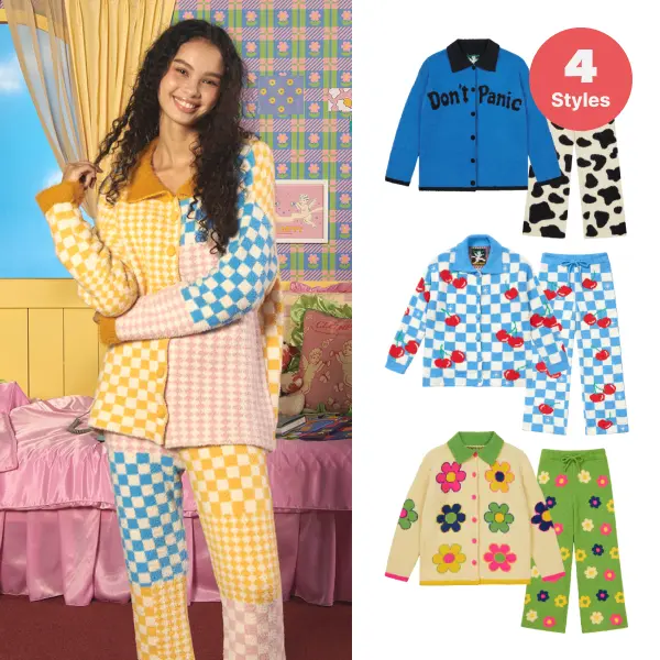 [WIGGLE WIGGLE] Women 2 Piece Pajamas Set with Elastic Waist,Soft Warm Sleepwear,Comfortable Cozy Nightwear,Unique Colorful Patterned Matching Set for Women