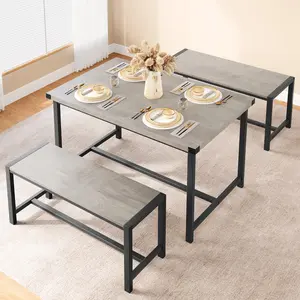 Garvee 3 Piece Dining Table Set for 4, Kitchen Table with 2 Benches, Industrial Dining Tables Set for Small Kitchen, Breakfast Nook, Rectangular Compact Dining Furniture, Gray