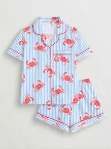 Women's 2-Piece Crab Print Pajama Set, Short Sleeve Button-Up Top & Elastic Shorts, Casual All-Season Sleepwear & Loungewear for Home & Party